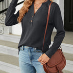 Solid Color V-Neck Button Loose Long Sleeve T-Shirt Top