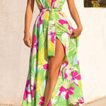 V-Neck Printed High Waist Swing Belt Dress