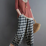 Artistic False Two Loose Ramie Cotton Half Sleeve Shirt