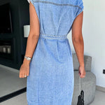 Solid Color Casual Lapel Sleeveless Button Pocket Waist Tie Denim Midi Dress
