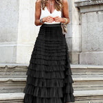 Nadorine Women's A-Line Patchwork Mesh Cake Skirt Casual Solid Color High Waist Loose Ruffled Pleated Long Tulle Skirt