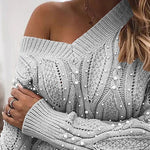 Sexy Twist V-neck Beads Long-sleeved Knit Sweater