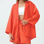 Nadorine Cotton Two-Piece Set Loose Fit Long-Sleeved Button Shirt Casual Shorts Suits