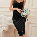 Slit Pleated Velvet Slip Evening Dress
