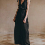 Two Piece Outfits Solid Color Tie Deep V Top High Waist Wide Leg Pants Suit