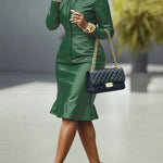 Bodycon Long Sleeves Buttoned Elasticity Ruffle Trim Solid Color Split-Joint Lapel Midi Dresses