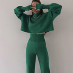 Women's Knitted Two Pieces Sets Turtleneck Cropped Sweater with High-waisted Flared Pants