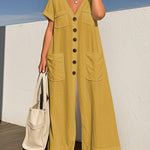 Loose Short Sleeves Buttoned Pockets Solid Color V-Neck Jumpsuits