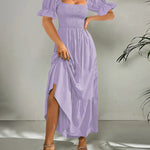 Ruffle Puff Sleeve Smocked Dress Square Neck Long Sleeve High Waist Flowy Maxi Dress