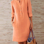 Solid Color Pockets Round Neck Long Sleeve Buttons Dress