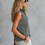 Sporty Retro Black And White Striped Half-Zip Sleeveless T-Shirt And Wide-Leg Pants Set