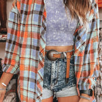 Orange Plaid Print Pocket Loose Shirt