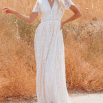 V-Neck Half Sleeves Lace Bohemian Floor Length Dress