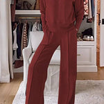 Weather Gets Cold Solid Color V-neck Top and Elastic Waist Pocketed Lounge Pants Set