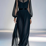 False Two Loose Gauze Pleated See-Through Round-Neck Maxi Dresses