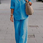 Two Piece Set Lapel Long-Sleeved Shirt Casual Solid Color Wide-Leg Pants Suit