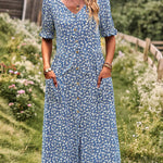Nadorine Women's Button Down V Neck Full Print High Waist A-Line Summer Casual Dress