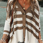 Stripe V Neck Buttoned High Low Cardigan