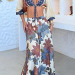 Unique Printed V-Neck Tie Cropped Top and Elastic Waist Casual Maxi Skirt Set