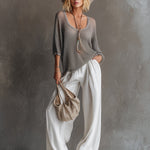 Simple Urban Gray Mesh Knit T-shirt And White Cotton Linen Wide-leg Pants Set
