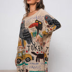 Casual Long Sleeves Loose Cartoon Printed Contrast Color Round-Neck Sweater Tops