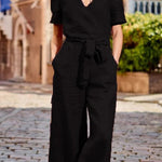SHORT SLEEVE SOLID COLOR LACE-UP V NECK SOFT ROMPER JUMPSUIT