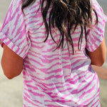 Rose Zebra Striped V-Neck Rolled-up Sleeve Blouse