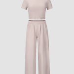 Two Piece Outfit Short Sleeve Crop Top and Wide Leg Pant Set