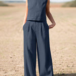 Two Piece Outfits Plain Sleeveless Workout Tank Tops Loose Pockets Pants Sets