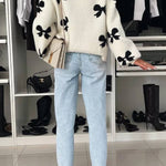 Vernie Knit Jewelry Pendant Bow Pattern Front Tie-up Long Sleeve Loose Cardigan