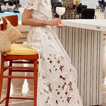 Dubai Style Floral Crochet Lace Short Sleeve Tie-up Shirt Maxi Dress