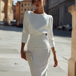 Elegant Boat Neck Ruched Waist Midi Dress