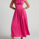 Cap Sleeve Belly-Hollow Pleated Solid Color Stand Collar Maxi Dresses