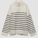 Mock Neck Zip-Up Striped Pullover Loose Sweater