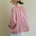 Black&Pink High-Low Half Sleeve Ramie Cotton Loose Shirt