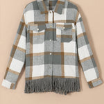 Plaid Snap Button Pocket Fringed Hem Shacket