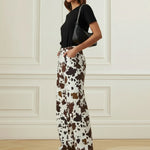 Elasticated Waist High Waisted Contrast Color Cow Printed Split-Joint Pants
