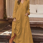 Loose Long Sleeve Dress V Neck Button Beach Sundress
