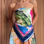 Seaside Holiday Satin Unique Print Knotted Scarf Top and Elastic Waist Loose Maxi Skirt Set