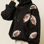 Rugby Sequined Hoodie Zipper Drawstring Long Sleeve Sweatshirt Top