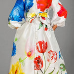 A-Line Long Sleeves Buttoned Elasticity Pockets Tied Waist Mock Neck Maxi Dresses