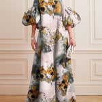 Loose Flower Shape Solid Color Stand Collar Lantern Sleeves Maxi Dresses