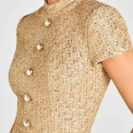 Gold Standard Tweed Fabric Pearl Button Short Sleeve Pocketed Mini Dress