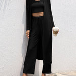 Nadorine Women's 3 Piece Outfits Lounge Scoop Neck Crop Tops High Waist Pants Open Front Cardigan Set
