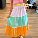 Multicolor Colorblock Self Tie Straps High Waist Flowy Maxi Dress with Pockets