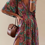 Nadorine Women's Bohemian Printing V Neck Dress Elegant Split Ankle Length Long Dress