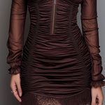 Elegant Lace Hem Mocha Sheer Sleeve Ruched Satin Mini Dress