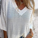 Fashionable Hollow V-neck Long-sleeved Casual Loose Knitted Top