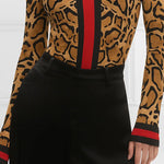 Long Sleeves Skinny Contrast Color Leopard High Neck T-Shirts Tops
