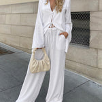 Nadorine Cotton Two-Piece Set Loose Fit Long-Sleeved Deep V Neck Tie-Front Top and Wide-Leg Pants